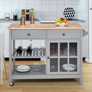 수납장이 있는 롤링 키친 아일랜드 카트, 42인치 폭 주방 바퀴 2개 포함, 서랍 및 오픈셸이 커피 유리 캐비닛 수건 랙, 휴대용 아일랜드, 그레이