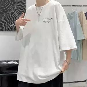 라운드넥 남성 오버핏 7부 소매 티셔츠 루즈핏 박스티