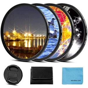 58mm 스타 필터 4피스 스타버스트 렌즈 필터(4포인트, 6포인트, 8포인트, 12포인트), 캐논 니콘 소니 올림푸스 펜탁스 및 기타 DSLR 카메라용 센터 핀치 캡 + 4 슬롯 파우치 포함