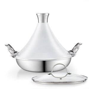 쿠킹스 스탠다드 모로코 타진 냄비 3.6 Qt, 11인치 멀티플라이 클래드 스테인리스 스틸 팬(듀얼 핸들 포함), 느린 조리를 위한 클레이 냄비 대안, 원뿔형 다이캐스트 알루미늄 및 유리 뚜껑, 흰색