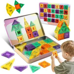 47PCS 마그네틱 타일 여행용 장난감 ABC 알파벳 아이언 케이스가 포함된 미니 글자 빌딩 블록 1-3 3-5