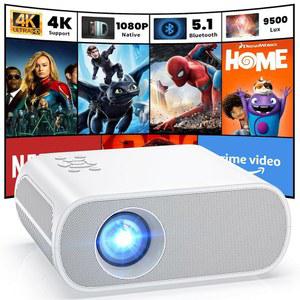 HOMPOW 프로젝터 스피커가 장착된 기본 1080P 풀 HD 블루투스 노트북 스마트폰 TV 스틱 Xbox PS5와 호환 9500루멘 야외 휴대용 영화 미니