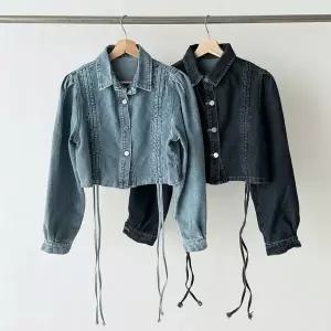 |CSJ6DEF|여성 스트링 셔링 퍼프 카라넥 봄 투웨이 크롭 청재킷