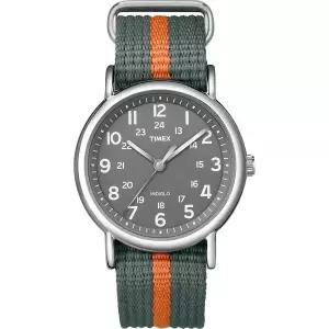 Timex 남여공용 위캔더 38mm 나일론 슬립쓰루 스트랩 시계, 그레이/오렌지 스트라이프 (T2N649)_140712