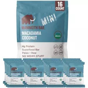 매머드 바 마카다미아 코코넛 미니 - 4g 단백질로 포장된 스낵 바. 프리미엄 너트 화이트 만들어졌습니다.
