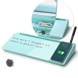 데스크톱 유리 화이트보드(충전 패드 포함), 스테이션 데스크 버디 드라이 이레이즈(홈 오피스용 충전기 이레이즈 컴퓨터 노트패드, 청록색, 17 x 6 인치