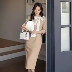 [시크라인] (~XXL까지) 라운드넥 배색러플 H라인 원피스 봄 가을 하객룩 오피스룩 모임룩 격식룩 데이트룩 빅사이즈