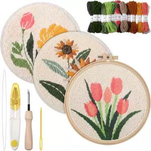 Lyksgir 3세트 펀치 니들 키트 자수 스타터 프린트 패턴이 있는 DIY 이지 플라워 세트 후프 얀 지시 및