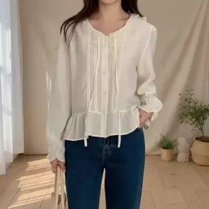[다잇템] 여성 벌룬소매 리본 블라우스 프릴 레이스 봄시즌 시스루