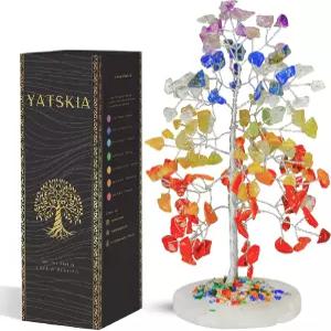 생명의 차크라 나무 - 천연 지오데 아가테 슬라이스 베이스에 감싼 목걸이 장식 크리스탈 및 치유 돌 풍수