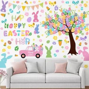 리샹 대형 부활절 달걀 나무 벽 스티커 토끼 트럭 해피 알록달록한 예술 탈부착 가능한 귀여운 벽화 장식