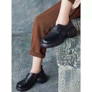 EAMT 여친 가을 캐주얼 플랫 라운드 소가죽 통굽 폼 지퍼 토오픈 수제화 YJ3