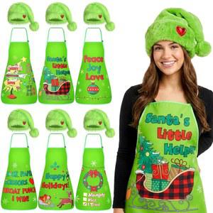 JENPEN 크리스마스 앞치마와 그린 산타 요리 앞치마 베이킹 녹색 주방 파티 포함 코스튬 드레스 세트 여성 모자 휴일 용품 남성용 모피 12개