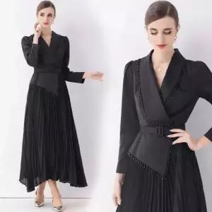 여사친 치마 원피스 롱 벨트 정장 플리츠 비즈 슬림핏 브이넥 OP1