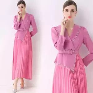 원피스 치마 여성 롱 슬림핏 벨트 정장 플리츠 비즈 브이넥 OP1