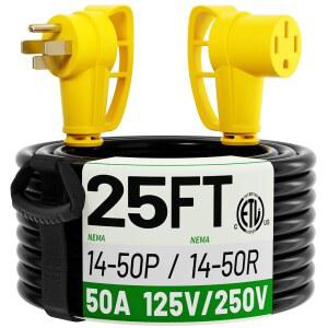 POWGRN NEMA 14-50P ~ NEMA 14-50R 25FT 50암페어 RV / EV 연장 코드 야외용 그립 핸들 유연한 4프롱 헤비 듀티 RV 전원 코드 방수 50A 125/250V 6250/12500W STW ETL 목록에 포함됨