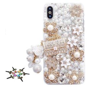 STENES 스파클 골드 여성용 걸스 진주 삼성 호환 FE 케이스 플라워 크리스탈 핸드메이드 S23 다이아몬드 삼성제품 디자인 스타일리시 블링 커버 여아용 3D 펜던트 라인스톤