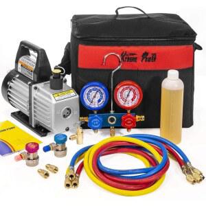 ExtremepowerUS 3CFM 1/4 진공 펌프 HVAC R134a R12 R22 R410a A/C 냉동 R134 캔 탭 어댑터 R134 퀵 커넥터 AC 매니폴드 게이지 에어컨 오일 병 w/Bag