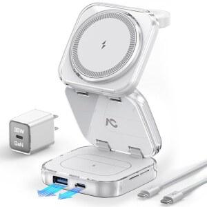 MagSafe용 5-in-1 Qi2 무선 충전기 AC 아일랜드 휴대용 여행 충전소 15W Max 고속 접이식 자석 스탠드 17-12 & Air 시리즈 용으로 진화(35W 어댑터 포함)