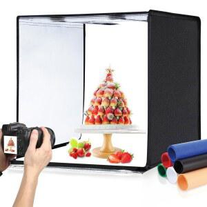 PULUZ 라이트 박스 사진 24x24인치 대형 사진 스튜디오 라이트 박스 120개의 LED 조명과 보석 식품 제품 사진을 위한 6가지 배경이 있는 전문 디머블 포토 부스