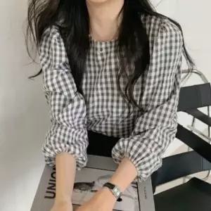|CCH434D|여성용 봄 여름 간절기 체크 패턴 벌룬 블라우스