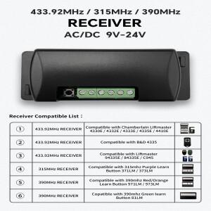 AC DC 9V-24V 리시버 리프트 마스터 BND 4335E 971LM 373LM 81LM 차고 문짝 원격 315mhz 390mhz 433.92mhz