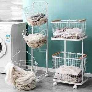 스틸 빨래바구니 이동식 세탁 트롤리 메쉬 바스켓 분리수거 철제 2단 스틸