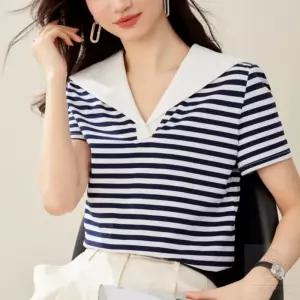 예쁜 여성 쿨티셔츠 반팔 카라티 스트라이프 흰색 카라티
