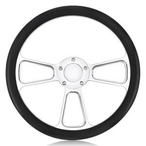 QYMOPAY 5홀 5볼트 스티어링 휠, 경적 버튼이 있는 14인치 가죽 레이싱 자동차 인테리어 액세서리, 튜닝 교체 부품