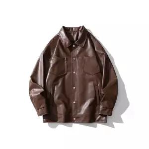 남성 심플데일리룩 항공 점퍼 칼라 PU가죽 코트 패션 캐주얼 루즈핏 가죽 OOTD1