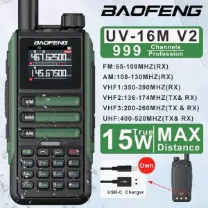 바오펑 UV-16M V2 무전기 15W 대용량 AM FM 양방향 라디오 풀 밴드 LCD 999채널 주파수 복사 타입-C 충전