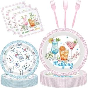 마작 생일 파티 용품 - 96개 일회용 종이 디저트 접시 냅킨 포크 식기 장식 칵테일 테이블 액세서리 게임