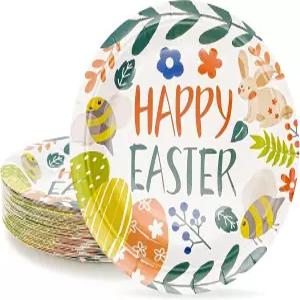부활절 종이 접시 40팩 저녁 식사 브런치 봄 파티 장식을 위한 달걀 토끼 및 꽃 디자인이 포함된 7인치