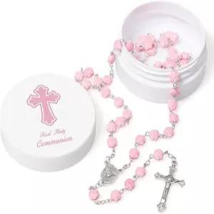 푸게즈 첫 성찬 묵주 세트 분홍색 장미 모양 구슬 세례 확인 기념품 세례/종교 선물 기도 카드 및 상자