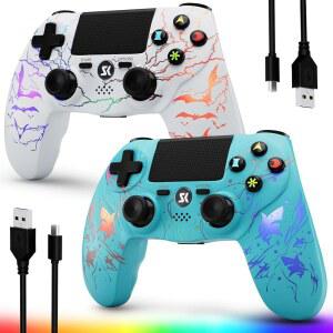 chengdao 2 pack for ps4 controller, white 1000mah charging, playstation rgb wireless green light, usb-c controller + battery, 4/pro/slim/pc, adjustable