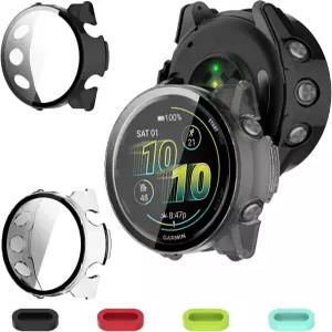 iDaPro [가민 포러너 970용 블랙+1 투명 스크린 프로텍터 케이스 1개 9H 강화 유리 및 실리콘 먼지 플러그