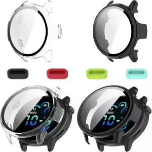 iDaPro [블랙 + 클리어] 가민 비보액티브 6용 스크린 프로텍터 케이스 9H 강화 유리 및 실리콘 먼지 플러그