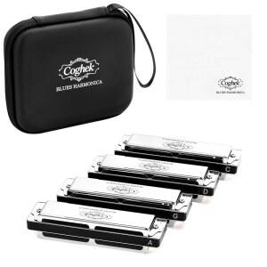 코첵 프로페셔널 블루스 4팩 스테인리스 하모니카 10홀 하프 DA의 20톤 연습용 세트