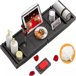 프리미엄 블랙 대나무 욕조 트레이 길이 조절 반신욕 거치대 독서 스탠드 비누 받침 증정 세트