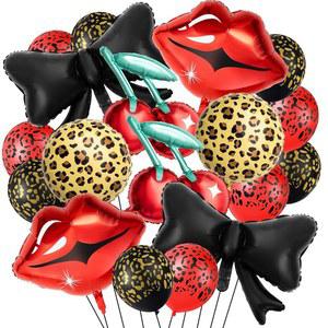 리얼스프링 18개 레드 및 블랙 파티 장식 키트 12 레오파드 치타 프린트 생일 풍선 체리 립 보우 포일 풍선, 키스 더 미스 굿바이 베이비 샤워 레트로