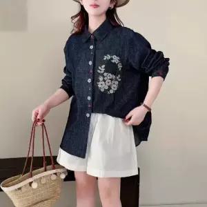 EAMT 여친 청 봄 빈티지 상의 컬러 자수 셔츠 칼라 YJ1