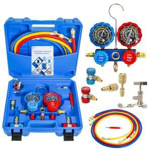 AC 게이지 세트, R134a R12 R22 R502 냉매용 매니폴드 5FT 호스 어댑터 커플러가 있는 3방향 자동차 A/C 세트 및 MCCKLE의 캔 탭 프레온 충전 키트