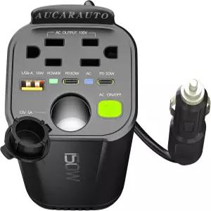 AUCARAUTO 150W 파워 인버터 6인치 DC 12V~110V AC 60W 듀얼 USB-C 및 18W USB-고속 충전기 콘센트 2개