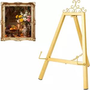 17인치 금색 테이블탑 이젤 스탠드 표지판 체인 지지대가 있는 금속 디스플레이 빈티지 데코 아트 액자