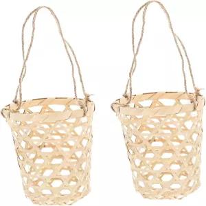 우유 티컵 장식용 꽃 진열대와 인형의 집 장식을 위한 손잡이가 달린 미니 대나무 직조 바구니 2개