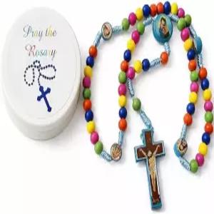 웨스트몬 화려한 구슬과 보관 케이스가 있는 가톨릭 나무 묵주 팩과 십자가와 성스러운 가족 중심 작품