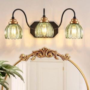 CmnVmn 빈티지 욕실 배니티 라이트 거울 위의 조명 기구 녹색 유리 음영이 있는 미드 센추리 스타일 농가 침실용 블랙 마감 벽걸이