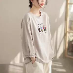 여친 면 캐주얼 봄 캐릭터 프린트 셔츠 자수 뉴 빈지 슬림화이트 라운드 티 9부 MF1