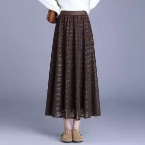 여성 스커트 치마 망사 롱 가을 캐주얼 세련도도녀 체크 스커트느낌 플리츠 허리밴딩 슬림핏 OOTD3