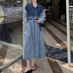 데님워싱 단추잠금 원피스 그라데이션 빈티지 벨트